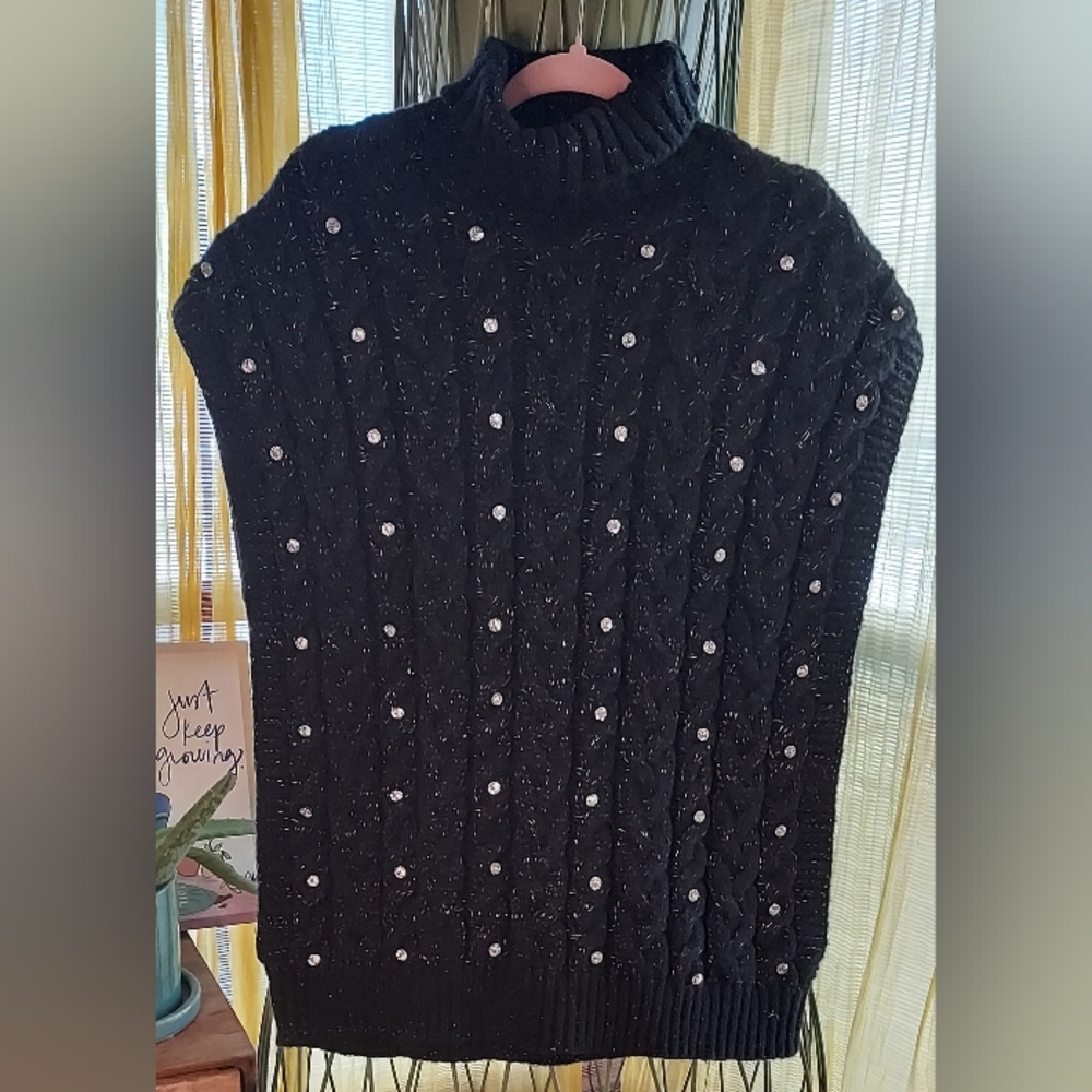Studded Open Side Black Cable Knit Lurex Sweater by ON TWELFTH